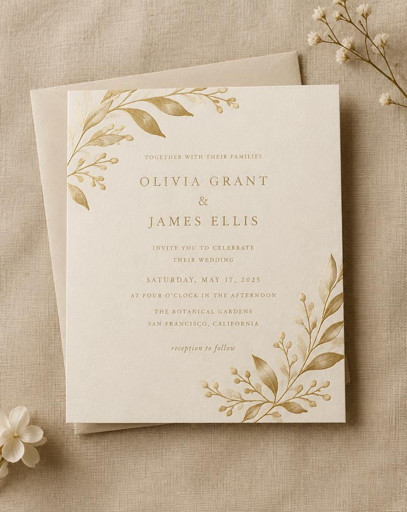 Ivory and gold wedding invitation suite — concept mockup